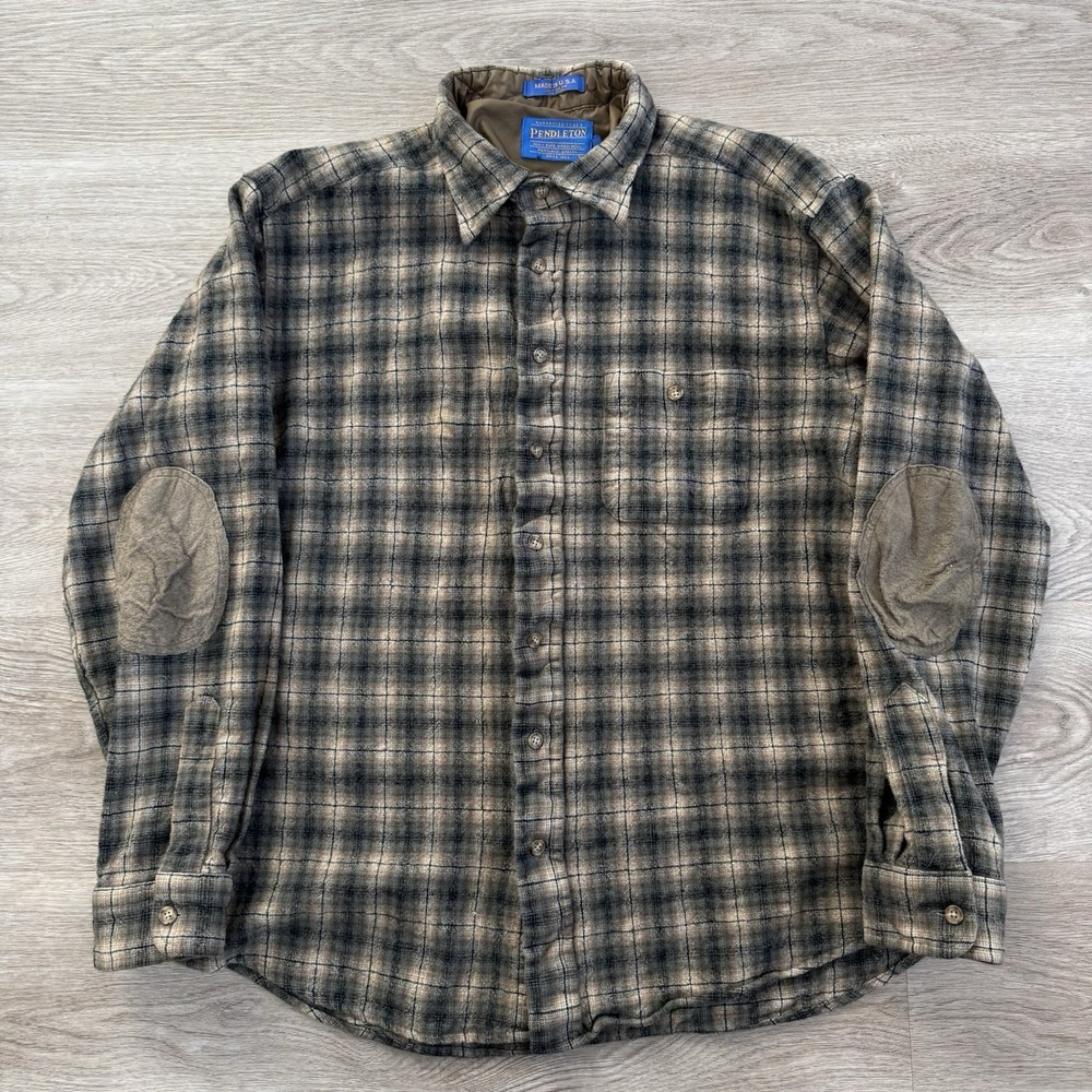 Vintage Pendleton Wool Shirt Mens XL Fits M/L Shadow Plaid Elbow Patch USA